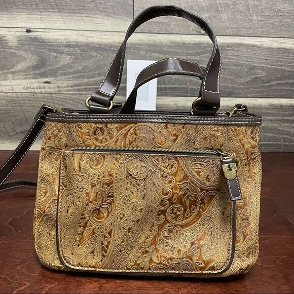 Relic by Fossil Brown and Tan Paisley Embossed Vegan Leather Purse Handbag - Picture 4 of 14